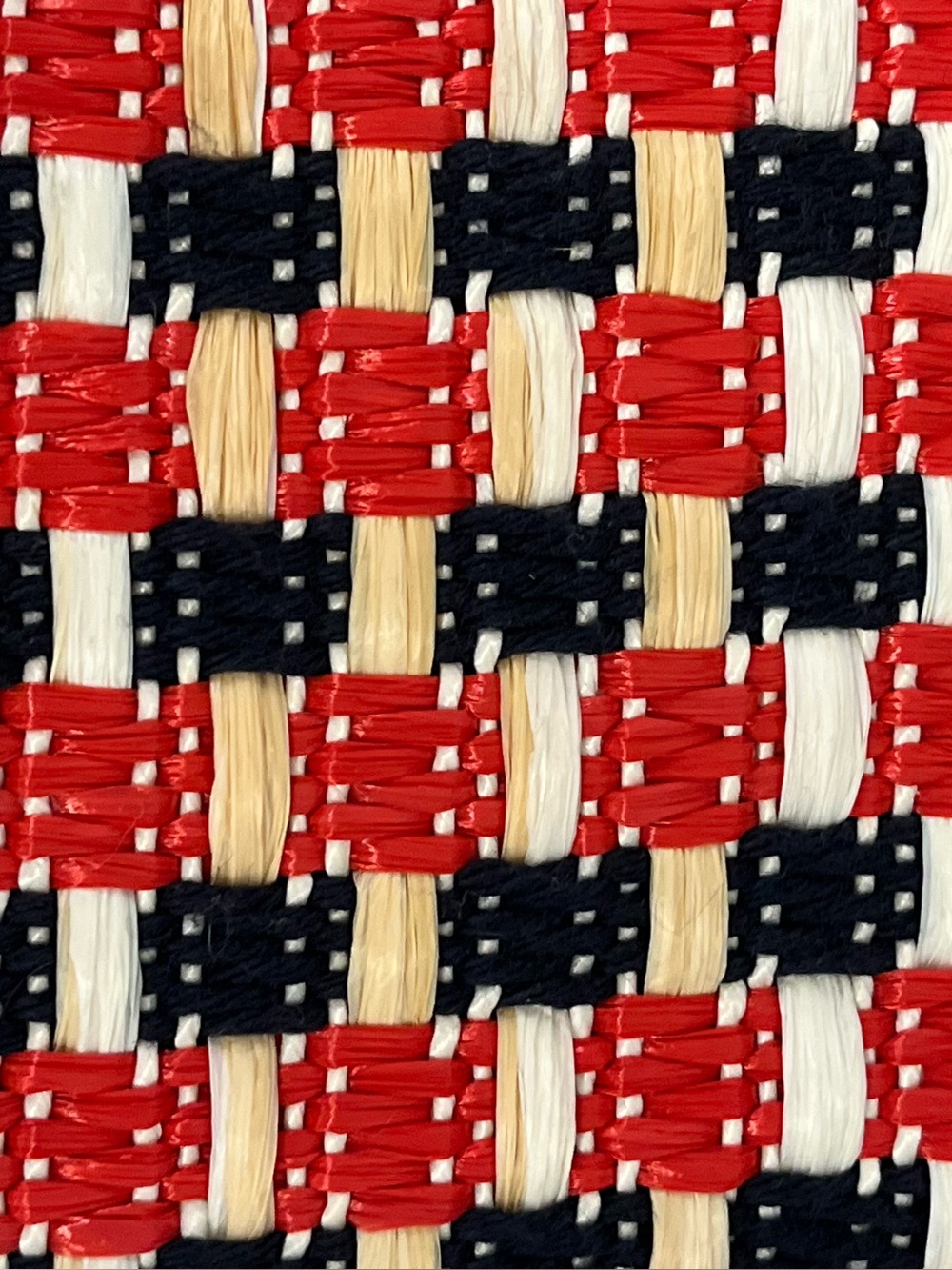 Kate Spade Red, White & Navy Woven Tote Clutch with Brown Leather Handles - Picture 8 of 10